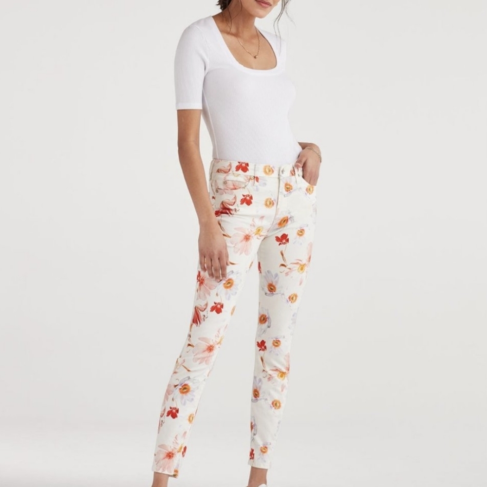 7 for All Mankind Bow Blossoms White Floral Skinny Jeans Size 27